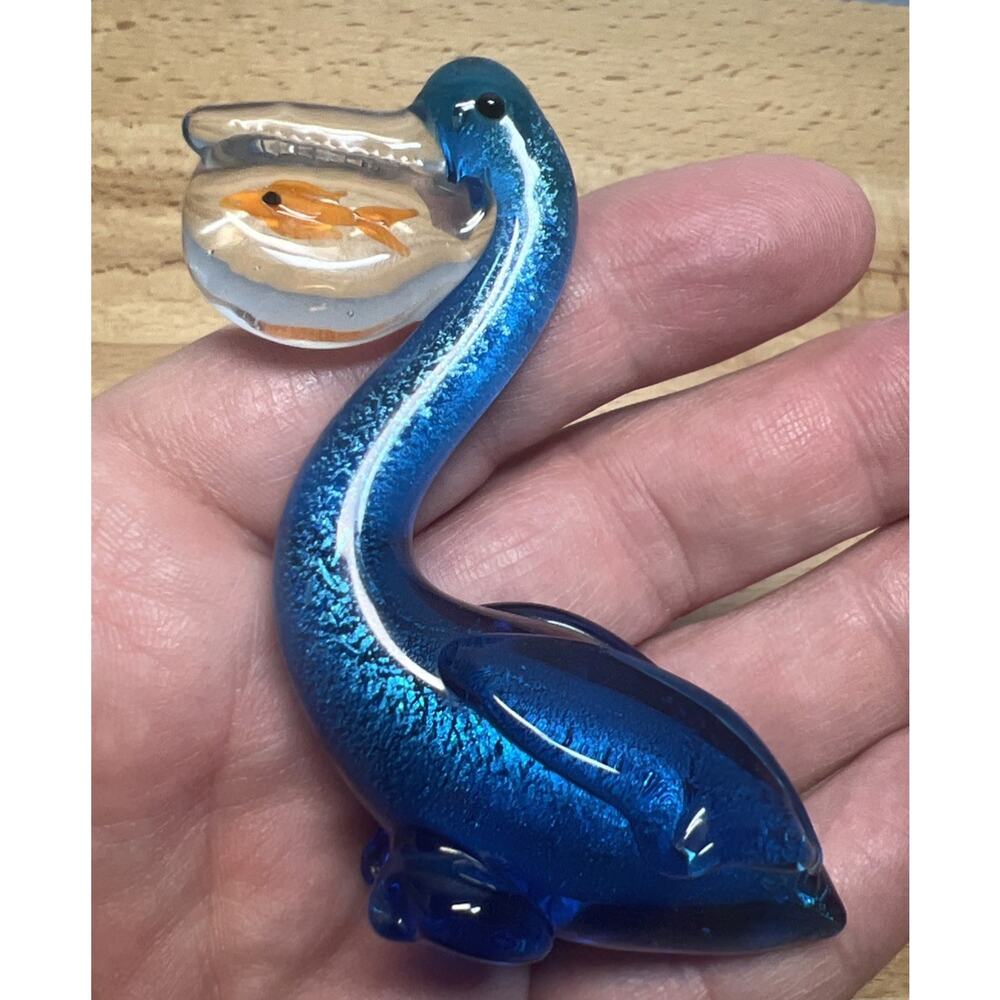 Murano Style Hand Blown Metallic Blue Art Glass Pelican Swallowing A Fish Beach